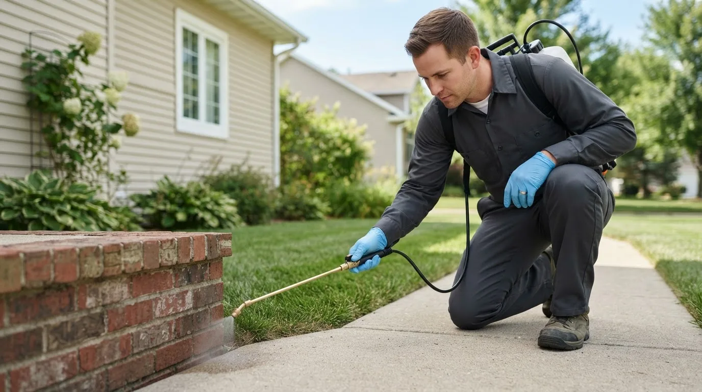 Pest control technician treating a home near Pittsburgh, PA